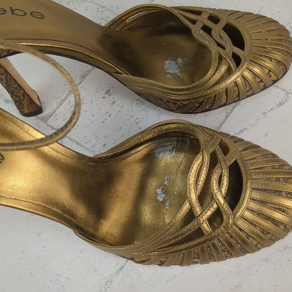 Bebe Gold Strappy Brocade Floral Sparkle Stiletto Heels Size 9.5 M Coquette - Picture 8 of 12